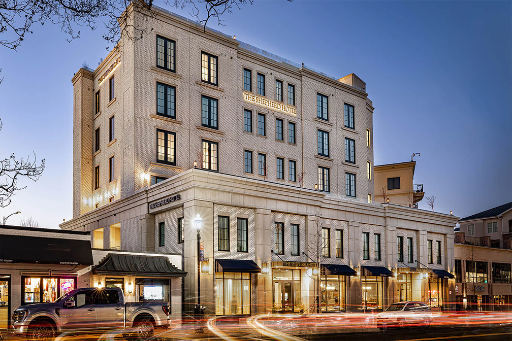 <div style={{textAlign: 'center'}}><strong>The Shepherd Hotel</strong><br /><span style={{ fontWeight: '100 !important' }}>Clemson, South Carolina</span></div>